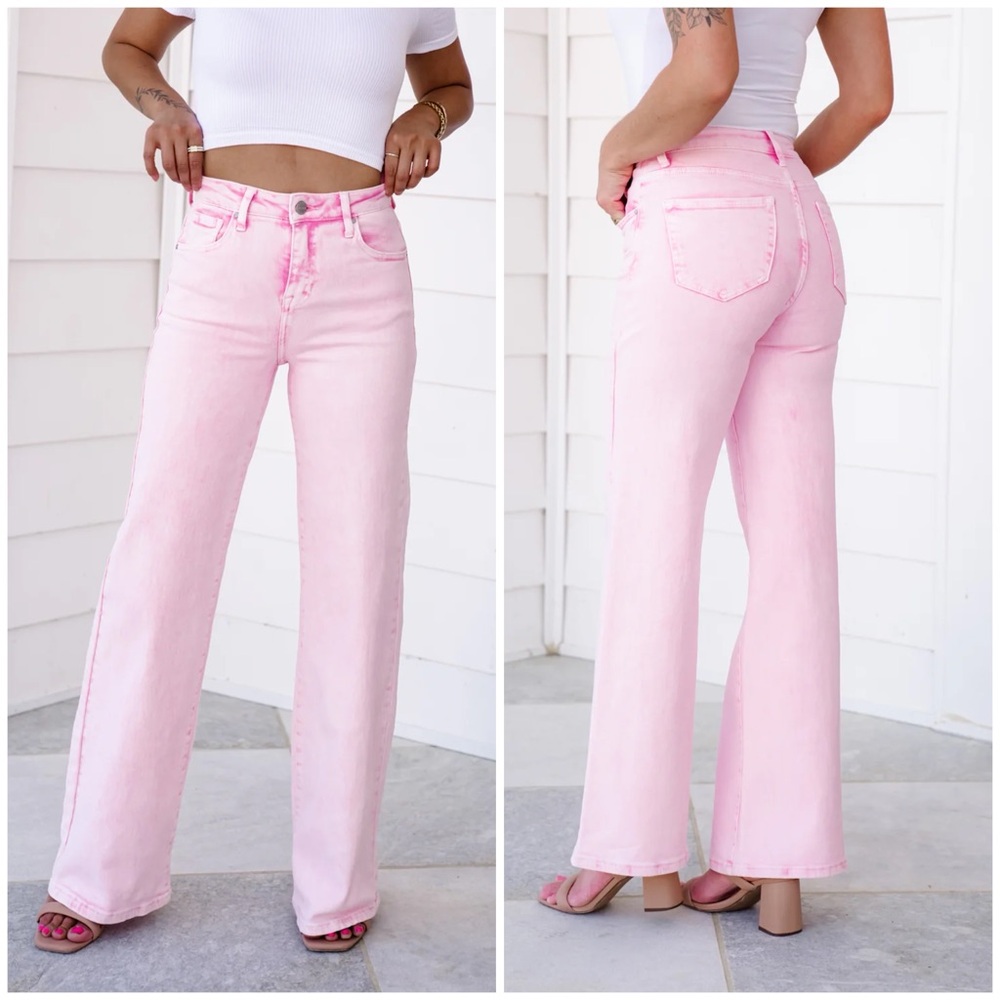 Risen High Rise Acid Pink Tummy Control Wide Leg Jeans